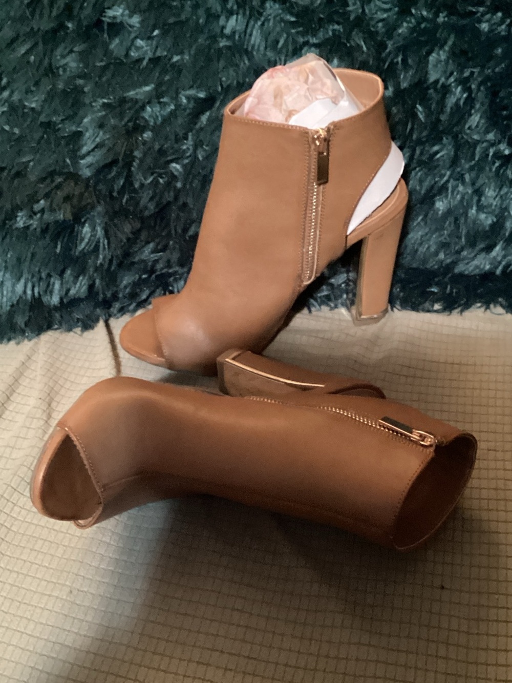 BAMBOO Tan Peep-Toe Block Heel Ankle Booties